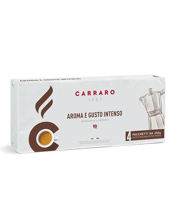 Kaffen Aroma e Gusto Intenso har en stærk personlighed, en gennemtrængende aroma og en omsluttende smag. Blandingen af ​​klassiske smage er forstærket af en solid krop med en fyldig, levende smag. Enestående cremethed er garanteret med denne altomfattende kaffe.