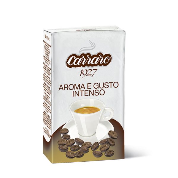 Kaffen Aroma e Gusto Intenso har en stærk personlighed, en gennemtrængende aroma og en omsluttende smag. Blandingen af ​​klassiske smage er forstærket af en solid krop med en fyldig, levende smag. Enestående cremethed er garanteret med denne altomfattende kaffe.