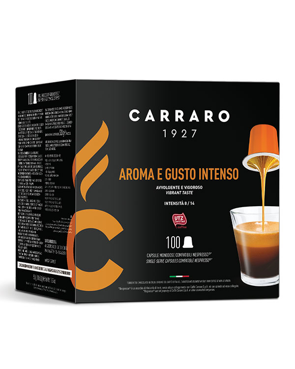 Pakken indeholder 100 kompatible kaffekapsler. Kaffen indesluttet i Aroma e Gusto Intenso kapsler har en stærk personlighed, en gennemtrængende aroma og en omsluttende smag. Blandingen af ​​klassiske smage er forstærket af en solid krop med en fyldig, levende smag. Enestående cremethed er garanteret med denne altomfattende kaffe.
