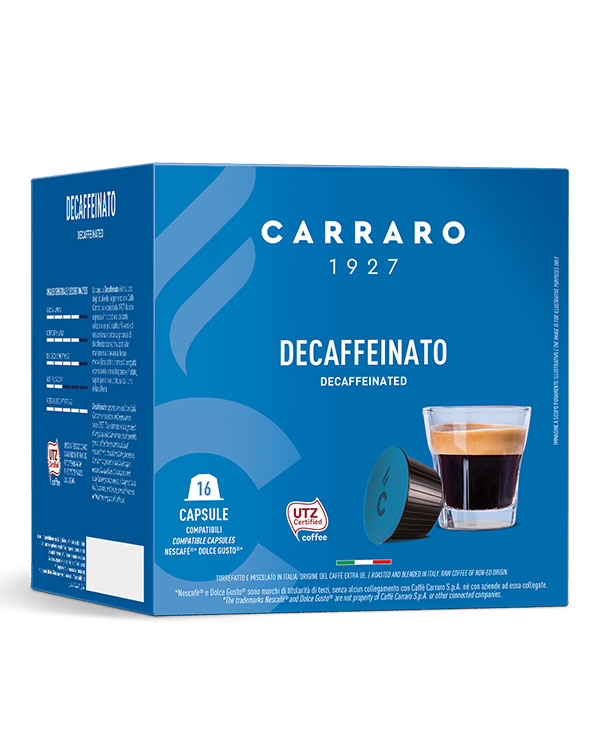 Dolce Gusto ® kompatibel kaffekapsler med koffeinfri kaffe - Decaffeinato kapsler er bygget på Caffè Carraros forskning og erfaring siden 1927. Denne espresso er et produkt af løbende udvælgelse af de mest egnede grønne kaffebønner og løbende forskning i koffeinlægningsprocesser, der sigter mod at bevare drikkens vidunderlige kvaliteter af kompakt og langvarig creme, en duftende og frugtbar duft og en fuld, glat smag uden koffeinpåvirkning.