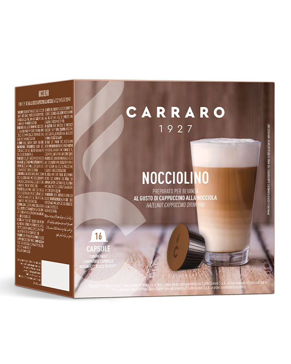 Nocciolino – Kompatible kaffekapsler til Dolce Gusto ® er en velsmagende kaffedrik med noter af hasselnød. Denne velsmagende cappuccino kan nydes i en stor cappuccinokop når som helst på dagen.