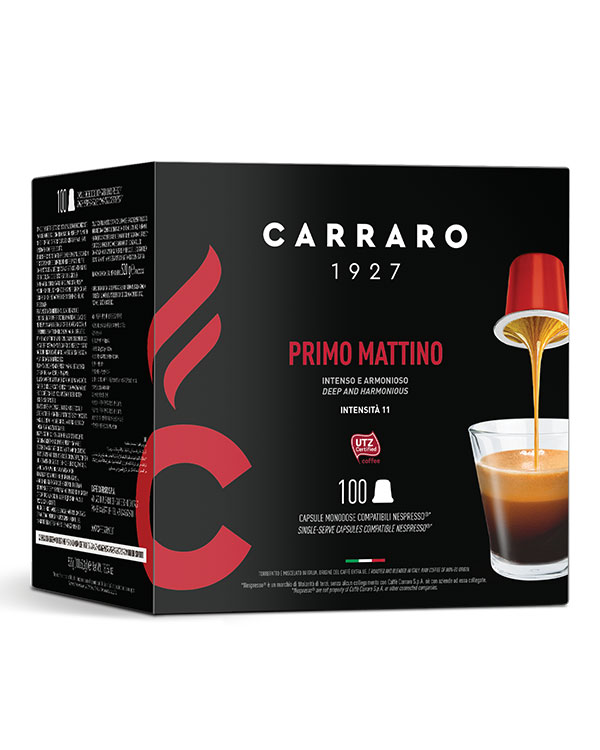 Pakken indeholder 100 kompatible kaffekapsler. Primo Mattino kapsler indeholder en blanding med en større andel Robusta bønner, som giver kaffen en rig og stærk krop. Raffinerede, individuelt ristet Arabica sorter tilføjes for at bringe det bedste ud af den tætte creme og den helt afrundede smag i denne stærke espresso.