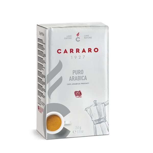Puro Arabica er en 100% Arabica-blanding, som repræsenterer det maksimale med hensyn til aroma og glathed for Carraro. Frugt af konstant forskning og meget omhyggelig håndværksmæssig forarbejdning er forbeholdt de mest raffinerede kendere.