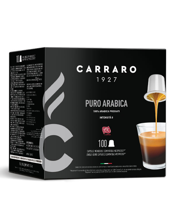 Pakken indeholder 100 kompatible kaffekapsler. Puro Arabica kapsler indeholder otte stærkt udvalgte sorter af Arabica kaffe. Der er hints af jasmin og rosenblade i sin duftende blomsteraroma, mens smagen er fuld, med fremtrædende søde toner. Det har en lang, delikat eftersmag. De anvendte Arabica kaffebønner har lavt indhold af koffein, så det kan behageligt nydes flere gange om dagen.