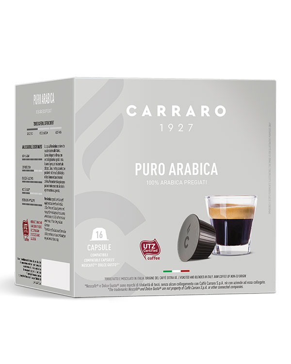 Puro Arabica kapslen indeholder 8 særlig udvalgte sorter af Arabica kaffebønner. Kaffe smagen er fyldig med fremtrædende søde toner og et strejf af jasmin og rosenblade blomst aroma i sin duft. Den efterlader en langvarende, delikat eftersmag. De anvendte Arabica kaffebønner har et lavt indhold af koffein, så det kan nydes flere gange om dagen.