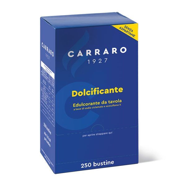 Sukkerfri sødemiddel med aspartam. Carraro Dolcificante indeholder 250 poser.